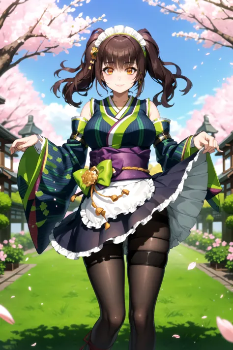 obra de arte, melhor qualidade, Rafaelx, twintails, sorriso, paisagem de fantasia, flores de cerejeira, jardim, pétalas, partículas macias, roupas japonesas, mangas destacadas, mangas largas, apron, cocar de empregada, meia calça, elevador de saia 