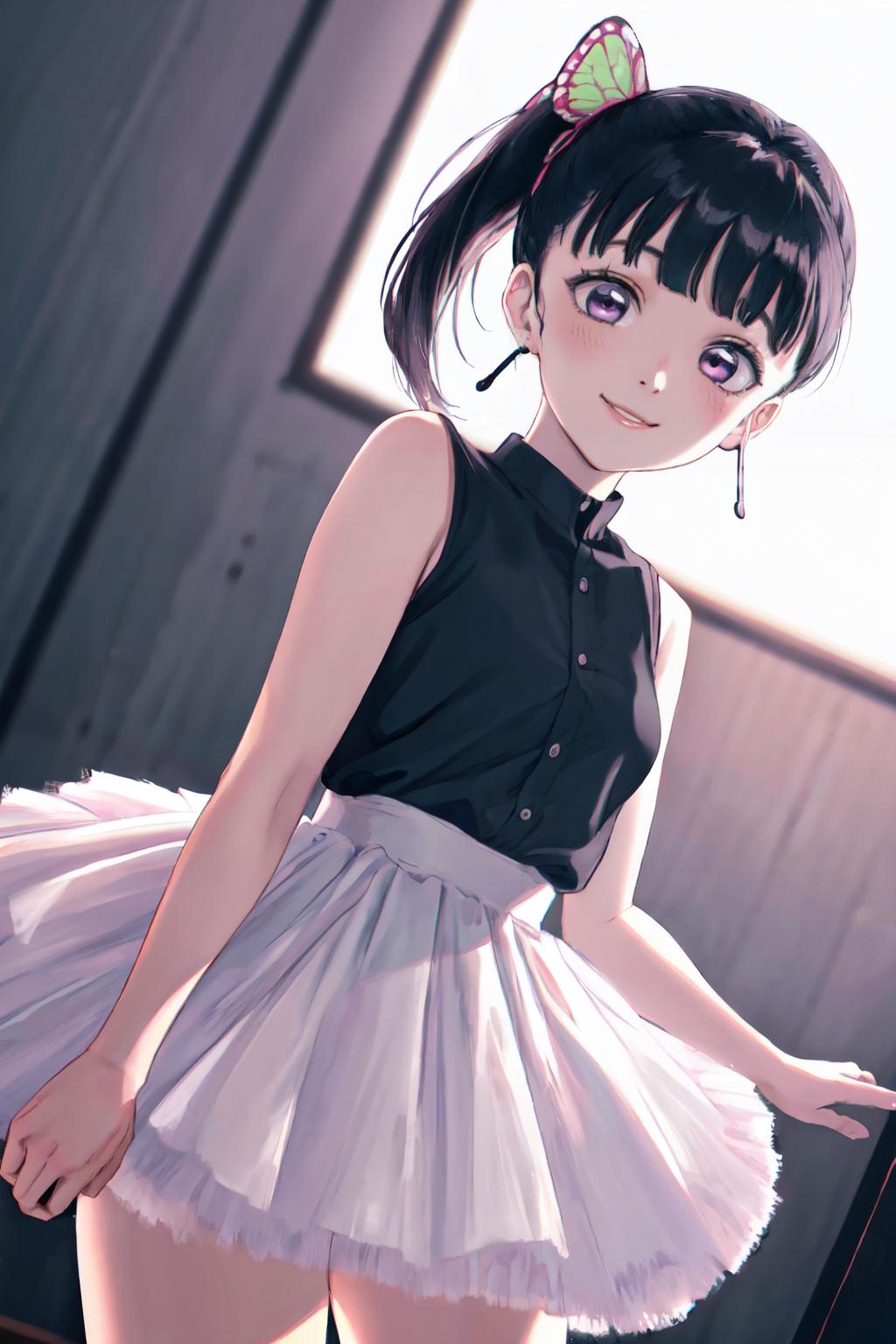 Anime girl in a black shirt and white skirt posing for a picture - SeaArt AI