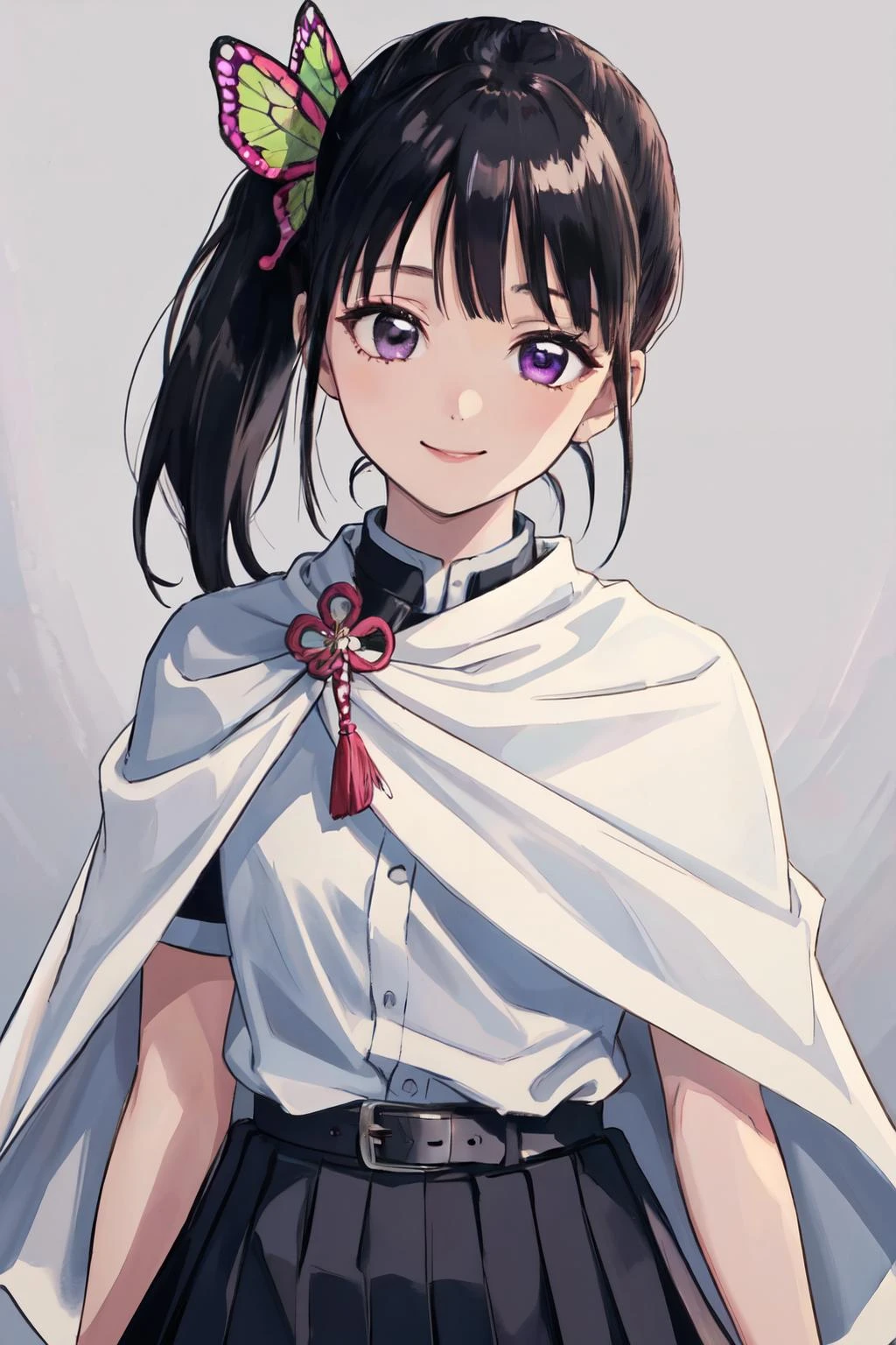 kanao tsuyuri, black hair, butterfly, butterfly hair ornament, (purple eyes:1.1), side ponytail, ponytail, 
black skirt, , pleated skirt, skirt, white cape,
(best quality, masterpiece, RAW photo,ultra-detailed:1.2), 1girl,solo,looking at viewer,smile