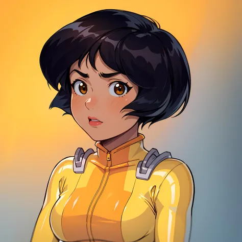 ((masterpiece, best quality)), 1girl,solo, upper body, alex, short hair, black hair, brown eyes, dark skin, lipstick,  yellow bodysuit,  <lora:AlexTotallySpies2:0.8>, retro artstyle, gradient background,