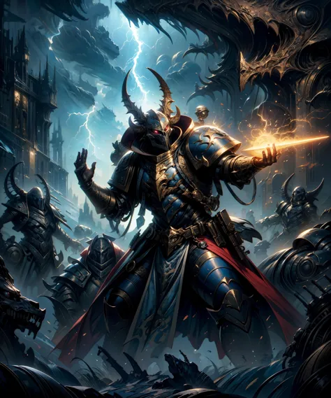 (waist-up, medium shot:1.1), closeup, epic photographic action shot of (ahriman, ascended:1.2), wearing (full armor:1.3), gold armor details, pauldron, (horned helmet:1.1), multiple horns, glowing eyes, (broad shoulders:1.3), narrow waist, tall, (holding magic staff:1.3), (casting spell), (hand raised:1.2), dynamic pose, (fighting stance:1.2), parchment, scroll, hanging scroll, bird-skull ornaments, (skull:1.1),
(outdoors:1.2), (alien scenery, alien planet, thunder, storm, lightning, magic energy:1.2), (dark magic ritual:1.2), science fiction, dim lighting, soft lighting, subsurface scattering, (extremely detailed, 8k), high detail, sharp focus, dramatic, dynamic composition, cinematic lighting, accent lighting, epic, ray tracing, post-processing, unreal engine, metal reflections, (depth depth of field, bokeh:1.2), 
(absurdres, high quality, highres, best quality,:1.3), golden ratio composition, rule of thirds, cinematic,
