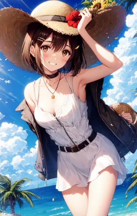 1girl, arms_up, bag, bangs, basket, belt, black_choker, blue_sky, blush, breasts, brown_eyes, brown_hair, choker, cleavage, cloud, cloudy_sky, collarbone, cowboy_shot, day, dress, eyebrows_visible_through_hair, flower, grin, hair_between_eyes, hair_ornament, hairclip, hand_on_headwear, handbag, hands_on_headwear, hat, hibiscus, jacket, jewelry, looking_at_viewer, medium_breasts, necklace, open_clothes, outdoors, palm_tree, plaid, red_flower, short_hair, short_sleeves, shoulder_bag, skirt, sky, smile, solo, straw_hat, sun_hat, sunflower, thighs, tree, virtual_youtuber, white_dress  <lora:style_necomi:1>