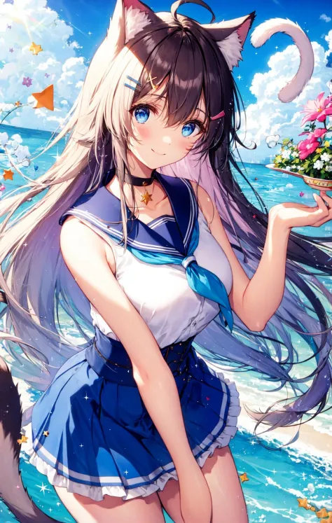 1girl, ahoge, animal_ear_fluff, animal_ears, bag, bare_shoulders, blue_eyes, blue_sailor_collar, blue_skirt, blush, braid, breasts, cat_ears, cat_girl, cat_tail, choker, cleavage, closed_mouth, collarbone, constellation, cup, dress, envelope, eyebrows_visible_through_hair, fish, glint, hair_between_eyes, hair_ornament, hairclip, long_hair, looking_at_viewer, medium_breasts, neckerchief, pink_neckerchief, sailor_collar, sailor_dress, skirt, sleeveless, sleeveless_dress, smile, solo, sparkle, sparkle_background, star_\(sky\), star_\(symbol\), star_hair_ornament, starry_sky, tail, tail_raised, teacup, teapot, very_long_hair<lora:style_necomi:1>