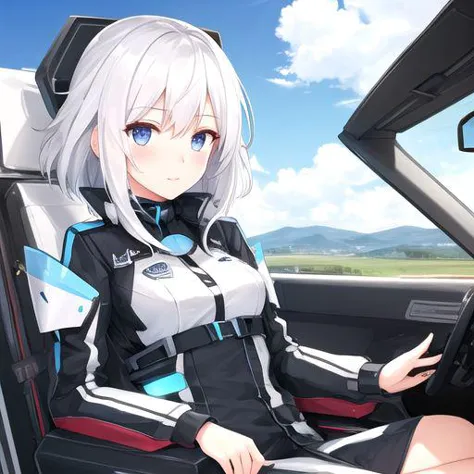 a girl white hair piloting a silver robot