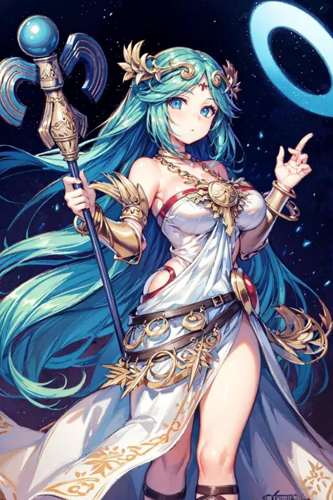 a woman with long blue hair and a sword in her hand