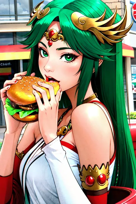 Highly detailed, High Quality, Masterpiece, beautiful, Palutena, <lora:Palutena:0.8>, 1girl, solo, green hair, mature female, realistic, burger, eating a hamburger, nom hamburger, two hands, <lora:Pos_EatingHamburger:0.5>