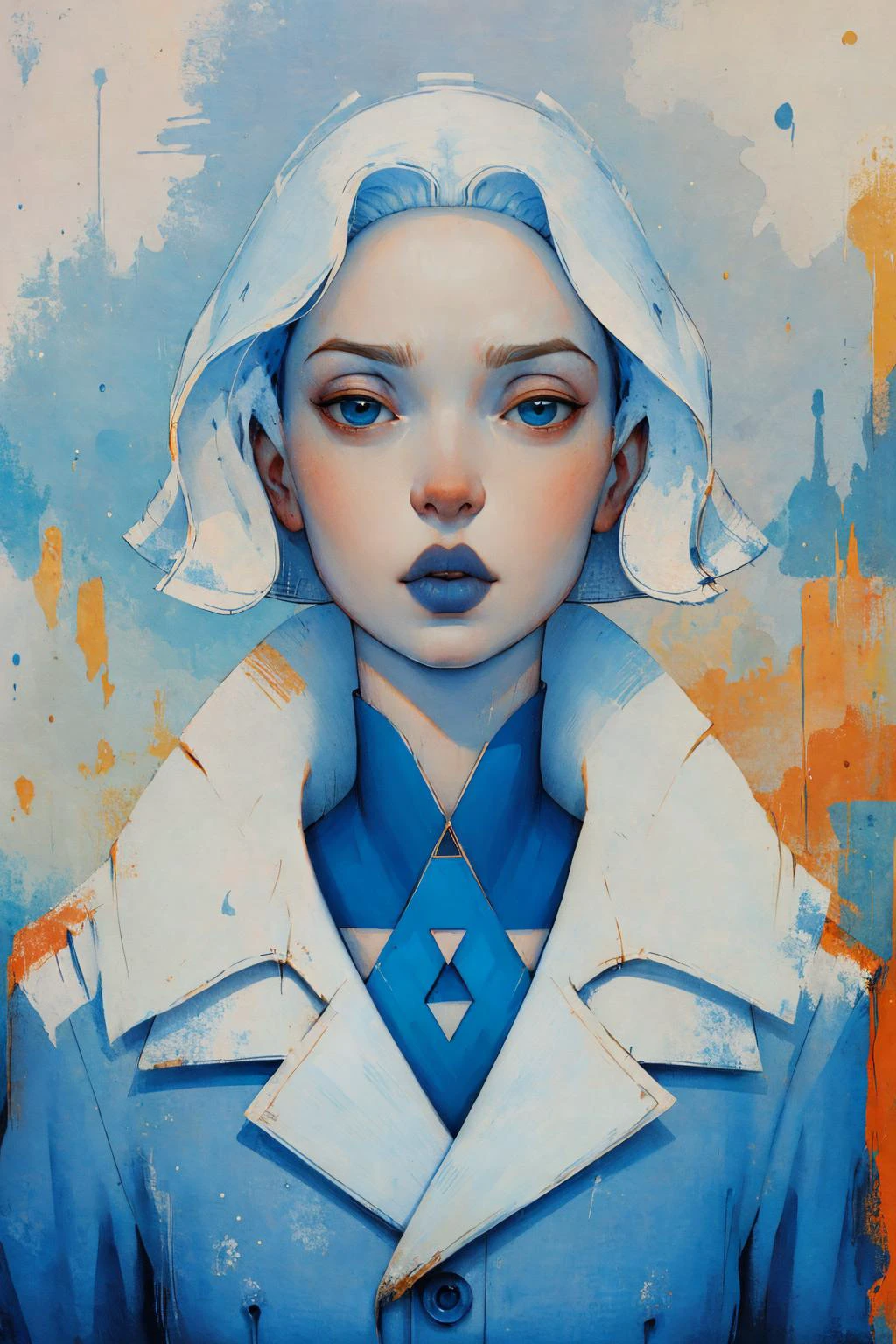 Анкимур портрет 1 женщины, пальто, бледная кожа, (голубые глаза, Синие короткие волосы, синие губы), перспектива,
( Энки Билал)
 негативное пространство
(шедевр, Лучшее качество, красиво и эстетично:1.2),
 