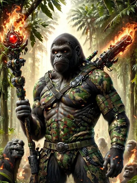 a close up of a gorilla holding a fire stick in a jungle