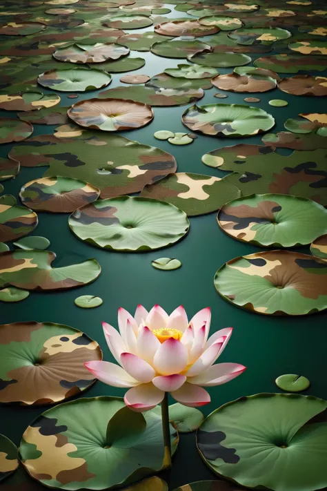 there is a pink flower that is in the middle of a pond