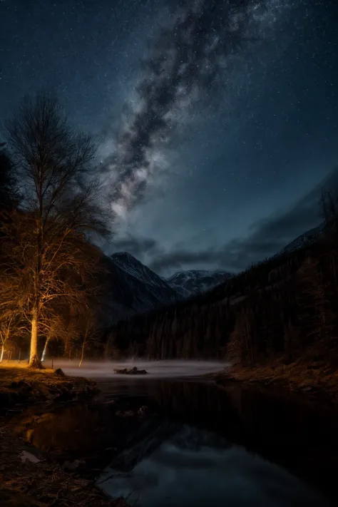 a night sky with stars and a lake in the foreground