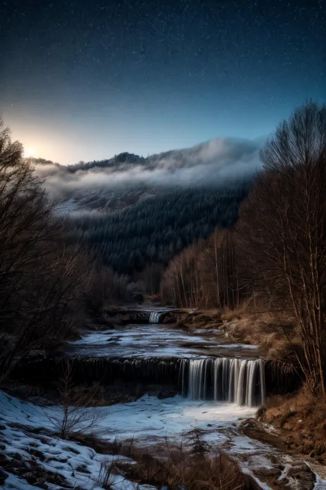 a view of a waterfall in a snowy mountain with a sky background