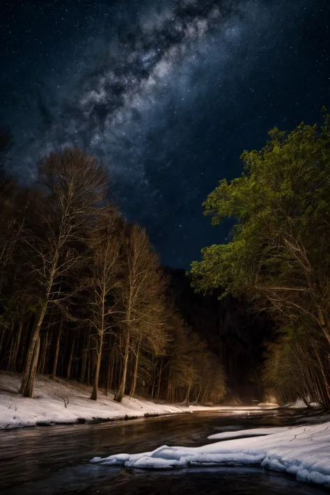 a river runs through a snowy forest under a starry sky