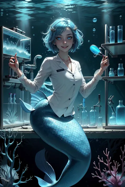 <lora:HydroTech:0.8>,hydrotech , scifi,  aquatic ,
scholar , scroll, 1girl,(mermaid),long hair, pale skin,blue hair, glowing eye...
