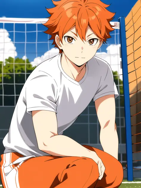 <lora:shouyouhinatav2:0.6>,high res, masterpiece, shouyou hinata , orange hair, solo, 1boy, male, volleyball court, outside,blue...