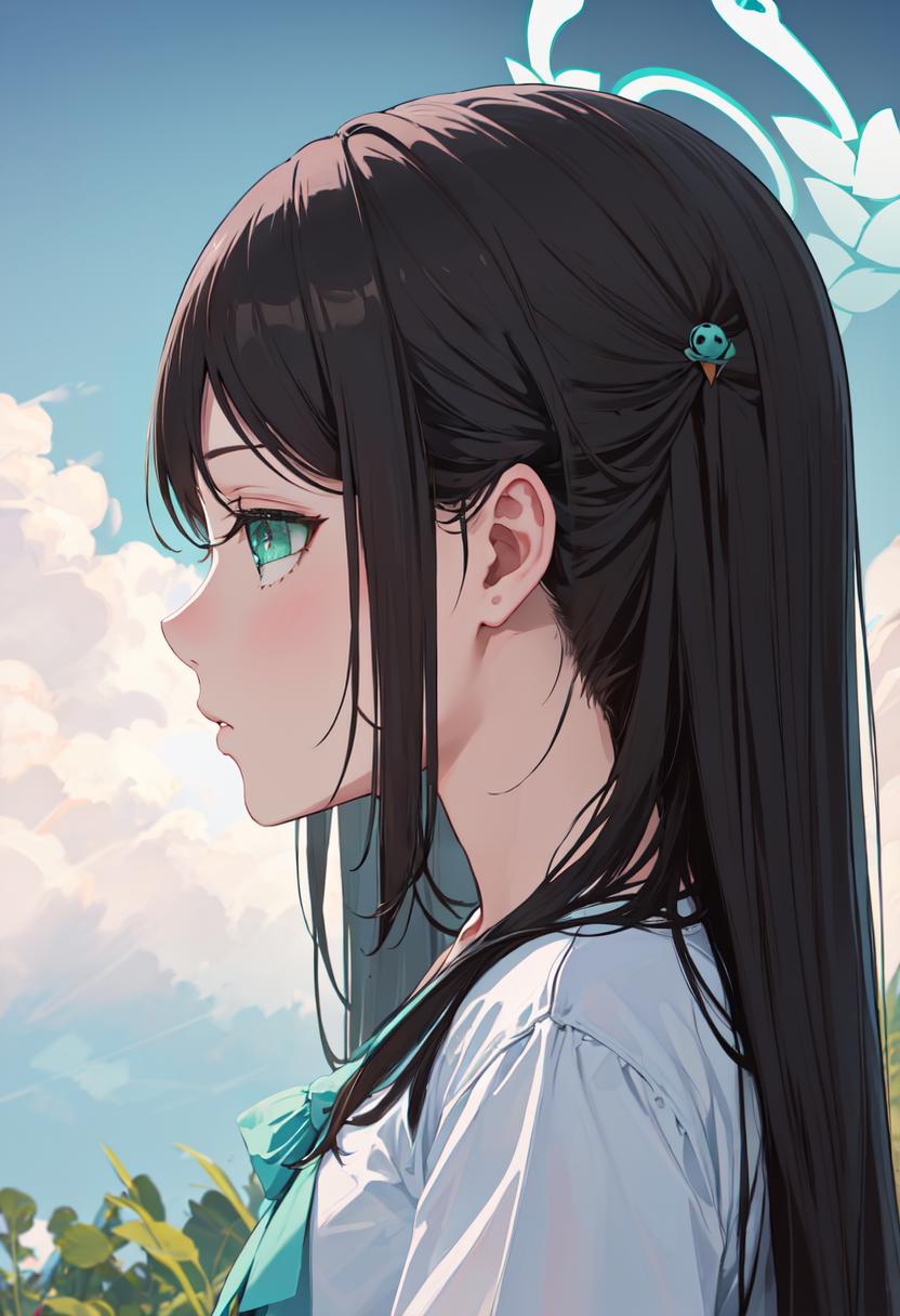 Anime girl with long black hair and blue eyes looking at a bird - SeaArt AI