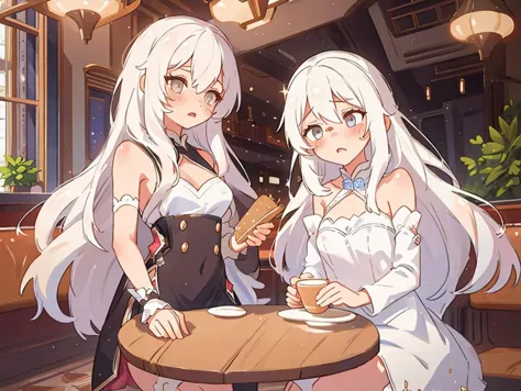 anime image of two women sitting at a table with a cup of coffee