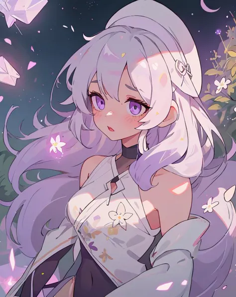 anime girl with long white hair and purple eyes standing in front of a tree