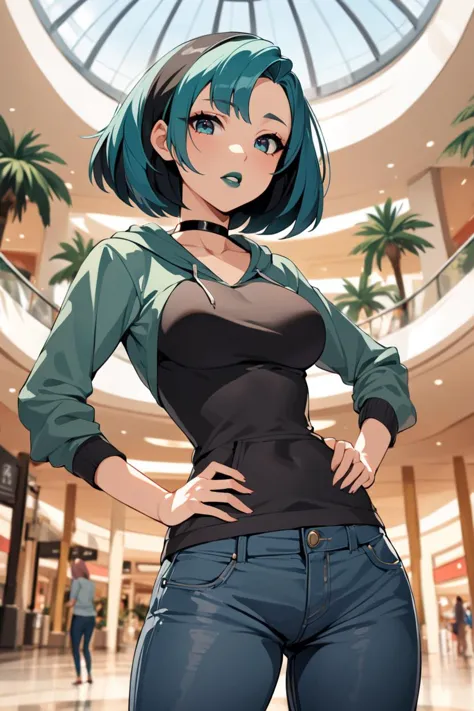 a woman with blue hair and a black top standing in a mall