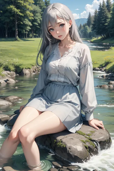 A real life photo of an adult woman on the stream bank, wide opened eyes, big eyeballs, swarthy skin, gray hair, jewelry,
a crys...