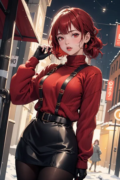 anime girl in red shirt and black leather skirt standing on street corner