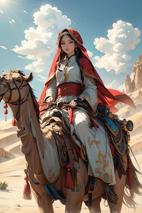 a woman riding a camel in the desert with a red cape