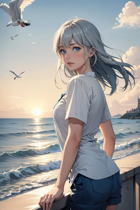 anime girl with long gray hair standing on a railing overlooking the ocean