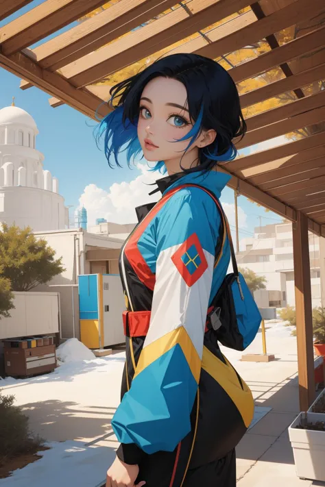 a woman with blue hair and a backpack standing in front of a building