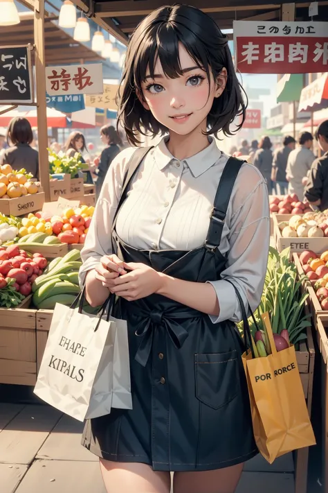 Cinematic still of girl holding shopping bag full of vegetables with paws, shopping with smile in a market. . Shallow depth of f...
