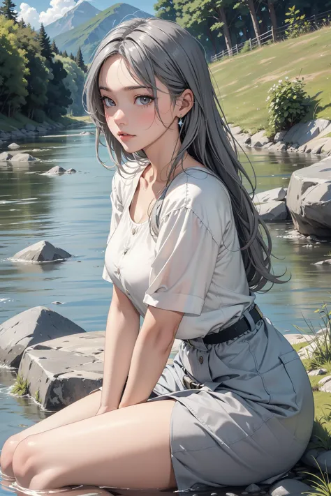 anime girl sitting on rocks by a river with a mountain in the background