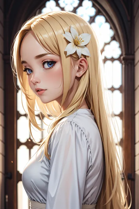 a woman with long blonde hair and a flower in her hair