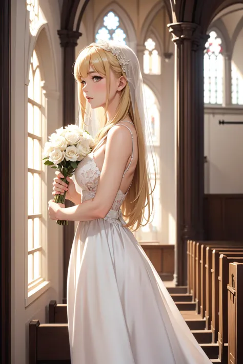 mature woman,blonde,full body,church,wedding dress,holding flower,day,long hair,close up,from side