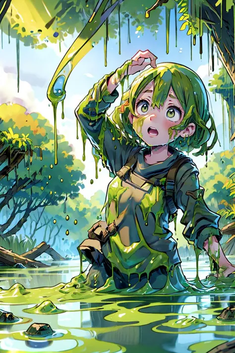 a cartoon image of a girl in a swamp with a green substance