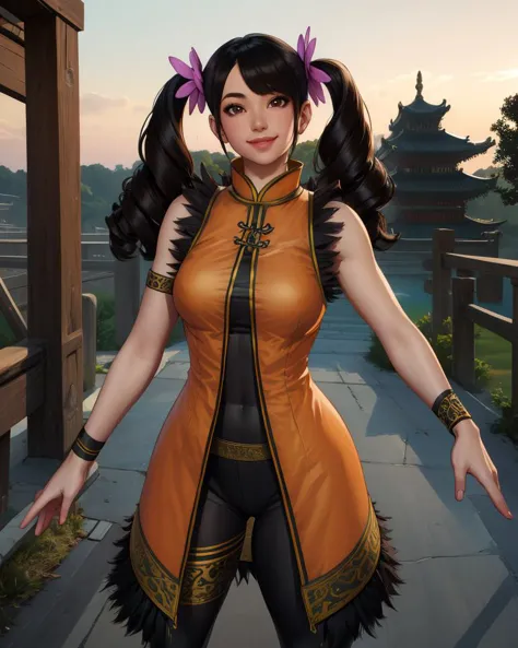 LingX,black hair,twintails,brown eyes,hair ornament,
orange coat,black pantyhose,sleeveless,fur trim,pao,arm band,
temple,dawn,
standing,
looking at viewer,smile,
(insanely detailed, masterpiece, best quality),solo,