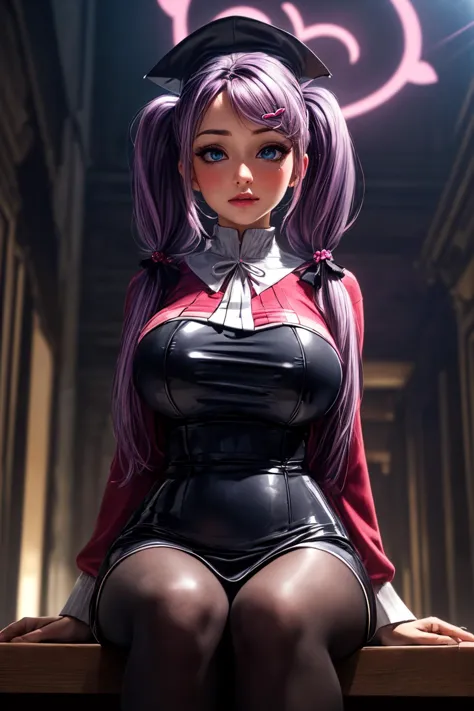 (ultra realistic,32k,RAW photo:1.1),(high detailed skin:1.1), 8k uhd, dslr, high quality, film grain,  lips,(thick\lips\), 
(shiny glossy translucent clothing:1.1), hanae_bluearchive, purple_hair, long_hair, hair_ornament, twintails, blue_eyes, blush, halo, breasts, hairclip, heart, hat, heart_hair_ornament, very_long_hair, (huge breast:0.9), 
(looking at viewer, sitting from below:1.1),, 
 (busty:1.1) ,  (chubby:0.1),(dynamic lighting:1.1),dark theme, university campus, academic buildings, lively student life, intellectual