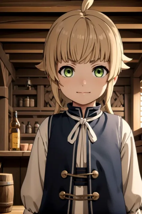 <lora:norn-000025:0.6>
one 8-year old girl, (norn greyrat), standing in a medieval tavern
she is looking at viewer,  her face is detailed and smooth, her eyes are hyper detailed, masterpiece
The soft lighting and detailed surroundings create an immersive environment where imagination runs wild,
draw it in the style of mushoku tensei,
hyper-detailed, high quality visuals, dim Lighting, sharply focused, octane render, 8k UHD