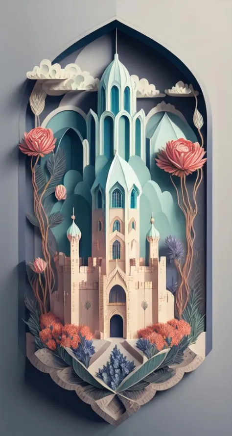 realistic, (best quality, masterpiece:1.3),
isometric, flowers castle, blue rose, <lora:ertongchahua:0.5>
grey background,  papercarvingcd-000004 <lyco:papercarvingcd-000005:0.9>