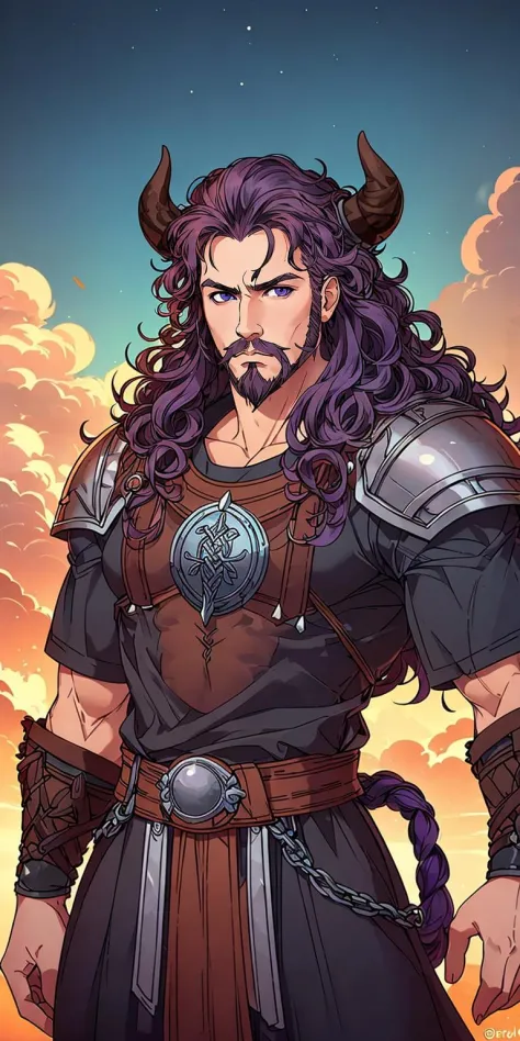 (1man, masculine adult  male:1.2),  purple eyes, ginger hair, fade with goatee,, wavy hair, vikingpunkai, norse viking