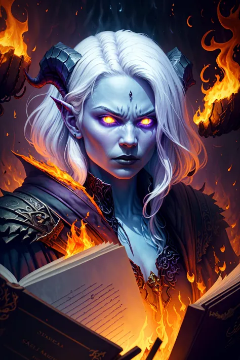 (best quality, masterpiece, realistic, detailed), 8k CG, perfect artwork,
<lora:char_sxzDraeneiWarcraft_sxzDraenei:0.8> 1girl, adult shedrn, horns, white hair, blue skin, glowing yellow eyes,
(style-swirlmagic:1.0), portrait, looking at viewer, solo, half shot, detailed background, detailed face, (gothic dark fantasy theme:1.1) evil wizard, tattered Medium Brown magical robes, determined expression, purple color scheme, dark scarlet light, library, bookshelves, glowing magical runes,  dark atmosphere, shadows, realistic lighting, floating particles, embers, surrounded by fire, <lora:style_FirevfxCreateMore_v2:0.4>,   (thick melting candles:0.8), green arcane symbols, corrupted by eldritch power, power-hungry eyes, bloom,