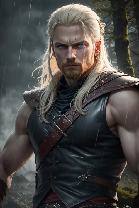 (best quality, masterpiece, realistic, detailed), 8k CG, perfect artwork,
1 man, swedish ,  solo, light blue eyes, platinum blonde mutton chops,
norwegian portrait,  looking at viewer, solo, upper body, detailed background,  fighting stance, dynamic pose, dark ages, dark fantasy atmosphere, norse theme, norse mythology, viking age,  nordic medieval norse fighter,  simple gray padded leather vest, dense scandinavian forest, filtered light, (darknes:0.8), dust cloud, berserker,   blood spatters,  soaked in the rain, epic scene composition,