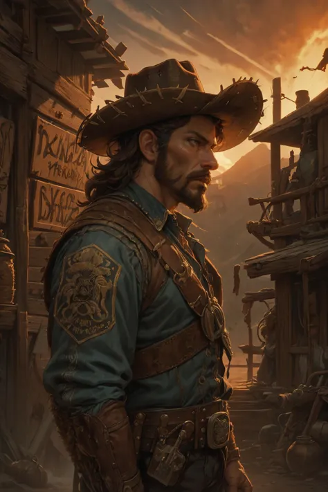 masterpiece, best quality, detailed, 4k, realistic, (1man, masculine adult  male:1.2),  ruby eyes, dark brown hair, medium hair, 
portrait,  looking away, focus on character, solo, from side, side view, upper body, detailed face, (MusketPunkAI theme:1.1), outlaw, wild west hat, tilted hat, holster, belt,  sheriff badge, dynamic pose,  18th century wild west, american frontier, wild west era saloon  with tequila in background, tumbleweed, dusk, cinematic atmosphere, dust,