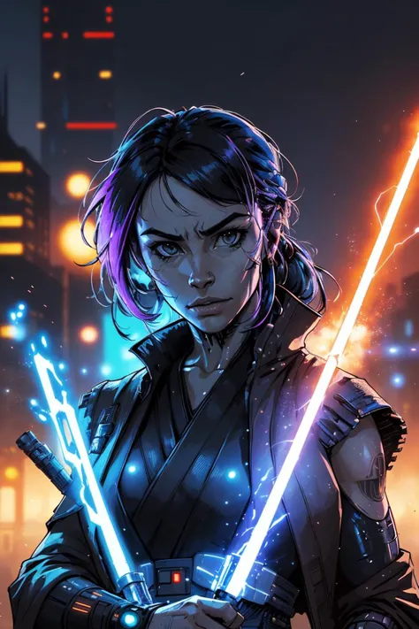 portrait, looking at viewer, solo, upper body, detailed background, detailed face, (cyberpunk theme:1.1), jedi knight,  jedi rob...