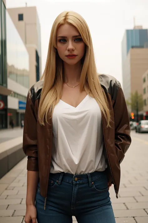 blond woman in white shirt and brown jacket standing on sidewalk