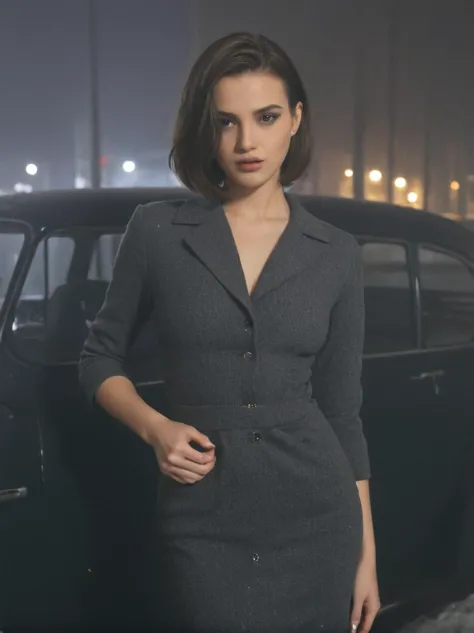 professional photoshoot, of a beautiful young supermodel woman, lean body, bob hair cut, (detailed face:1.2), (closeup:1.5), gorgeous, undercover agent, (wearing a retro dress:-0.5), city street, (1940s style:1.2), snowy, retro style, aesthetic, night, dim light, retro lighting, standing beside a car, gangster, smoky foggy background