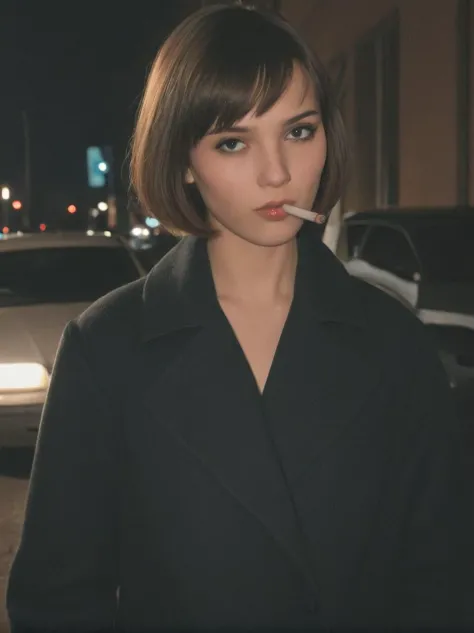 professional photoshoot, portrait mode, of a beautiful young supermodel woman, lean body, bob hair cut, detailed face, closeup, gorgeous, undercover agent, wearing a coat, smoking a cigarate, city street, (1980s style:1.2), retro style, aesthetic, night, dim light, retro lighting, standing beside a car with a gangster