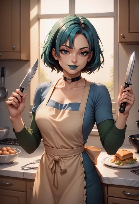 anime girl with green hair holding a knife and a plate of food