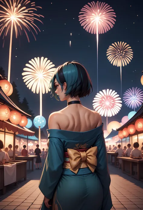 a woman in a blue dress standing in front of a building with fireworks