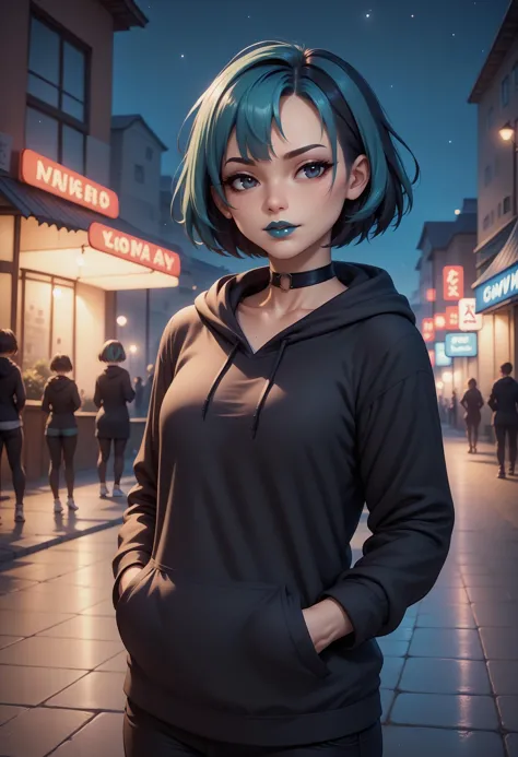 a woman with blue hair and a black hoodie stands in a city street