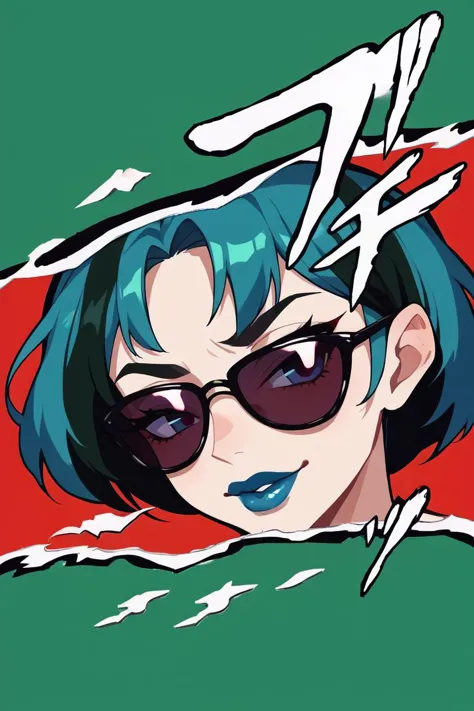 a cartoon image of a woman with blue hair and sunglasses