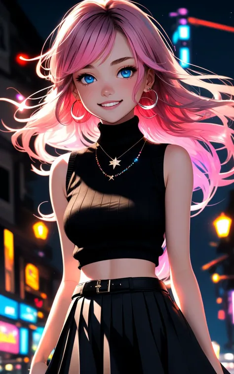 a woman with pink hair and a black top standing in the street