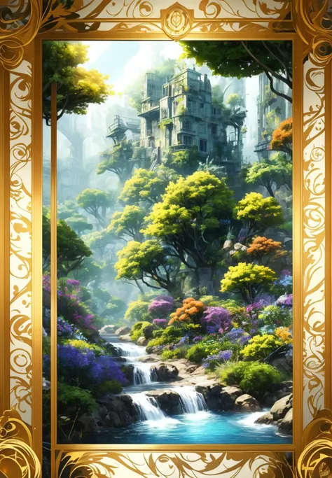 a painting of a castle in a forest with a waterfall